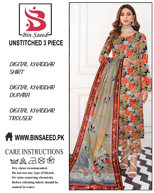 Binsaeed digital printed khaddar 3pece