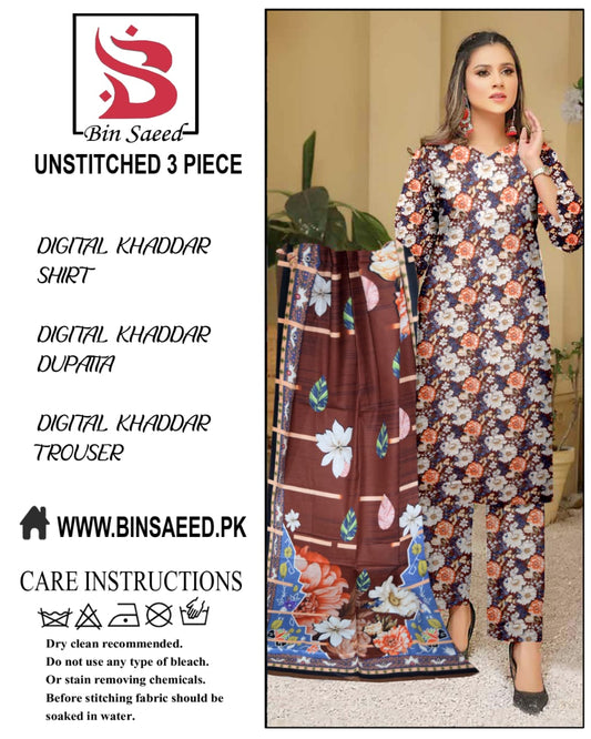 Binsaeed digital printed khaddar 3pece