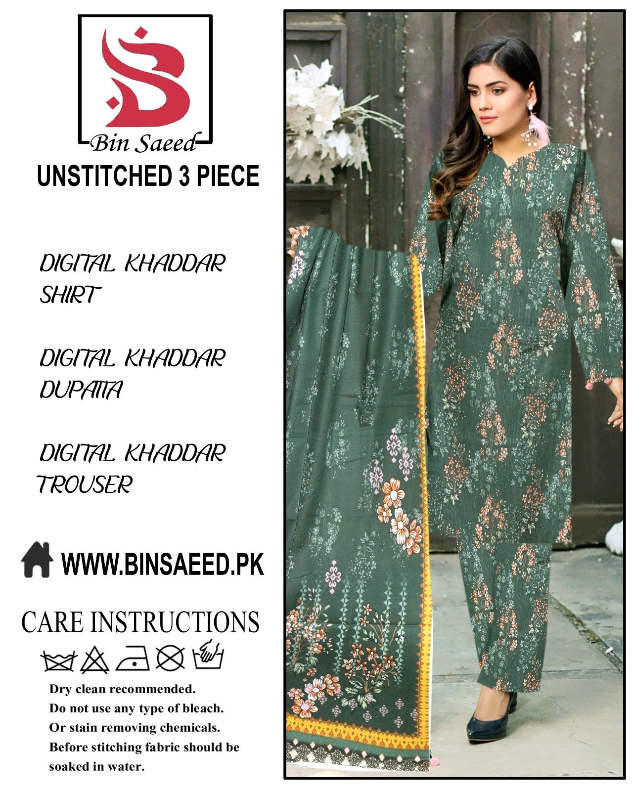 Binsaeed digital printed khaddar 3pece