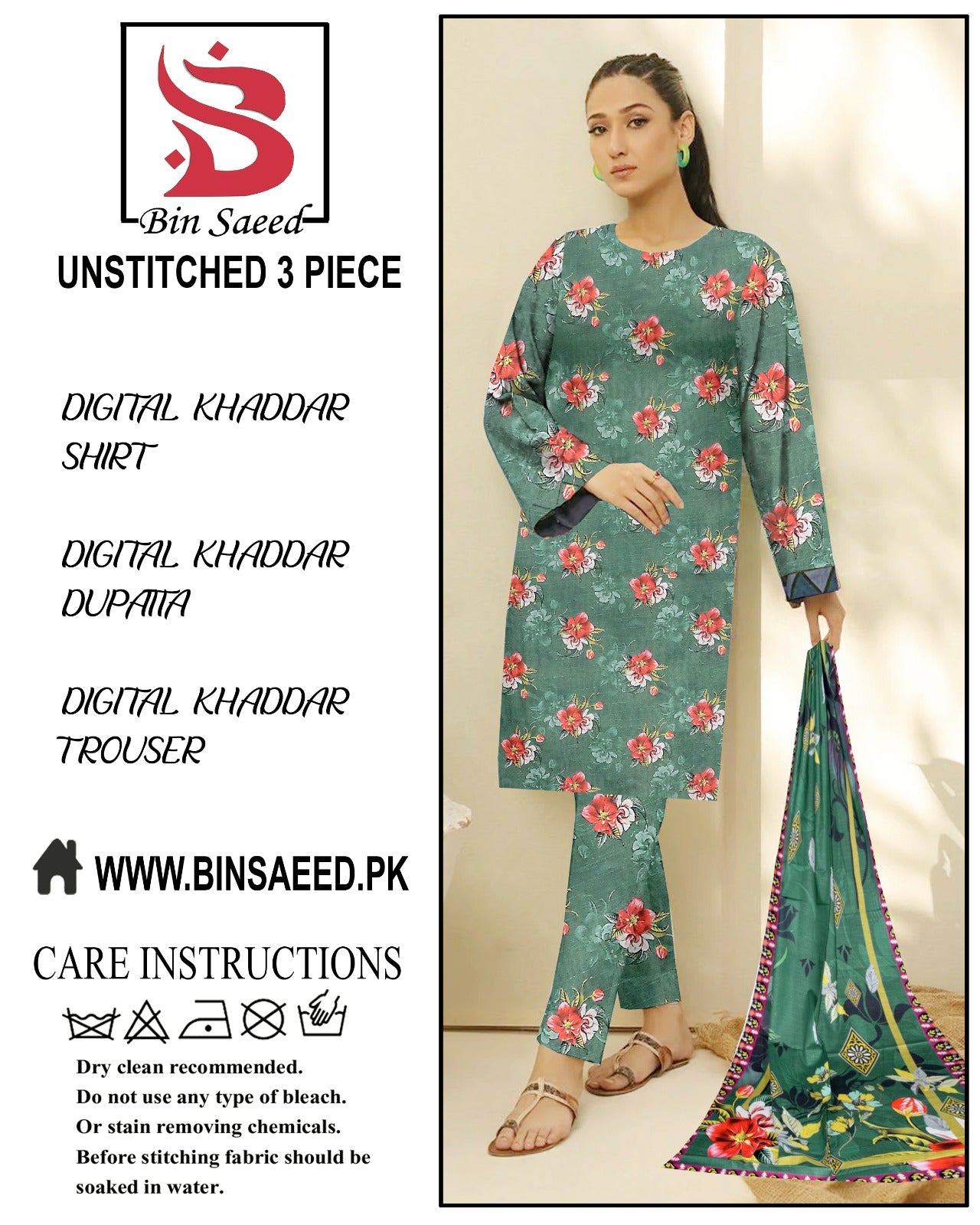 BinSaeed Digital printed khaddar 3pece