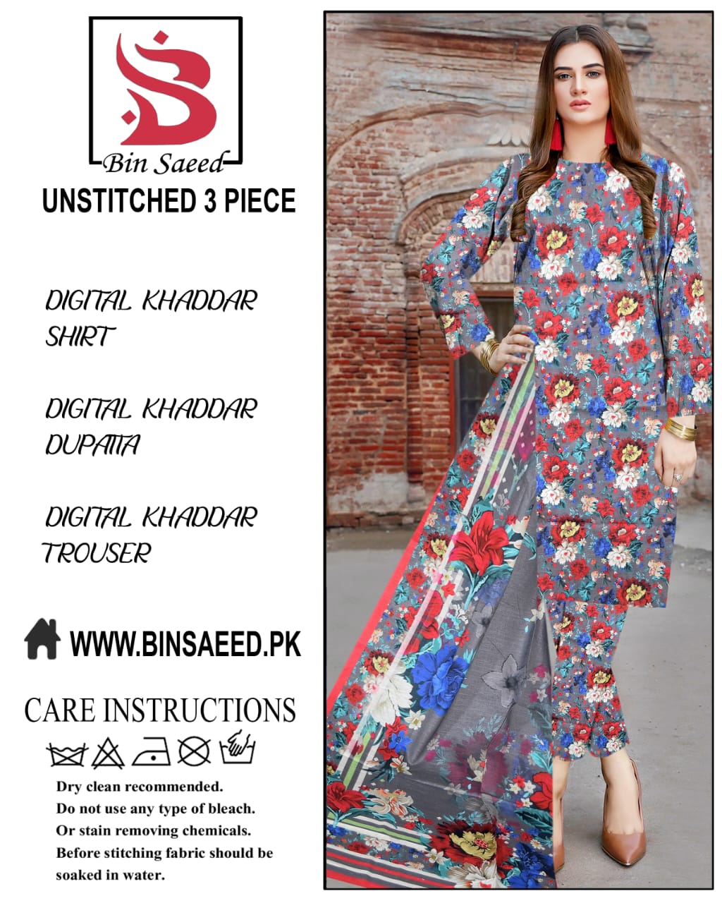 Binsaeed digital printed khaddar 3pece