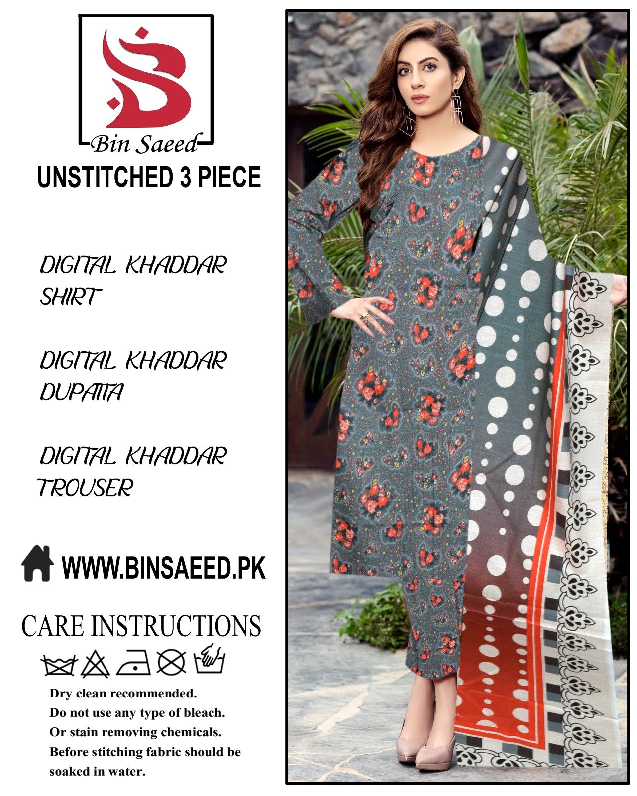 Binsaeed digital printed khaddar 3pece