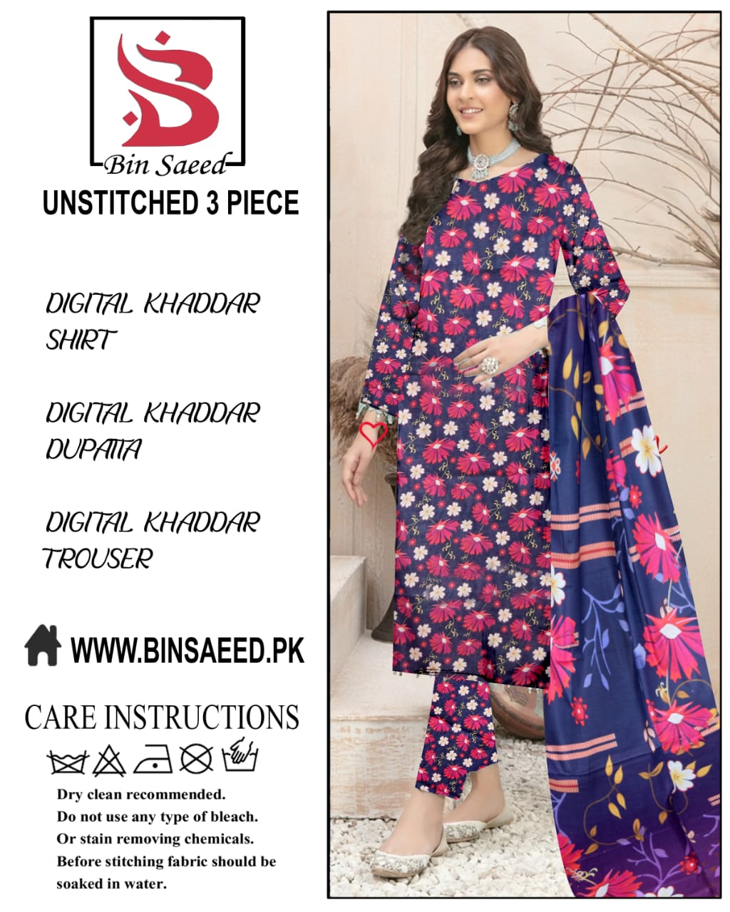 Binsaeed digital printed khaddar 3pece