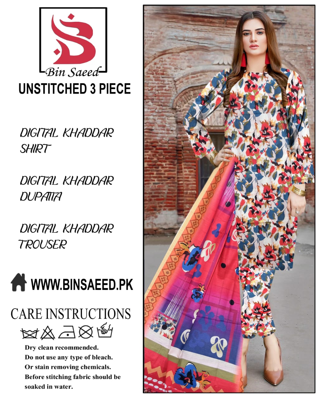 Binsaeed digital printed khaddar 3pece