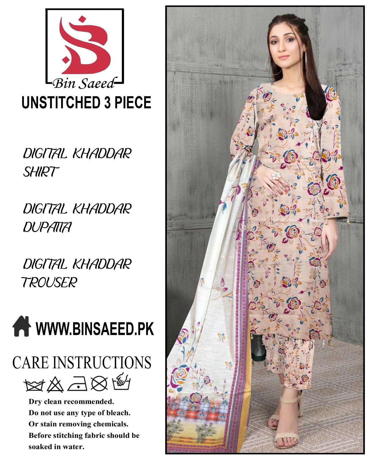 Binsaeed digital printed khaddar 3pece