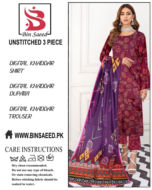 Binsaeed digital printed khaddar 3pece