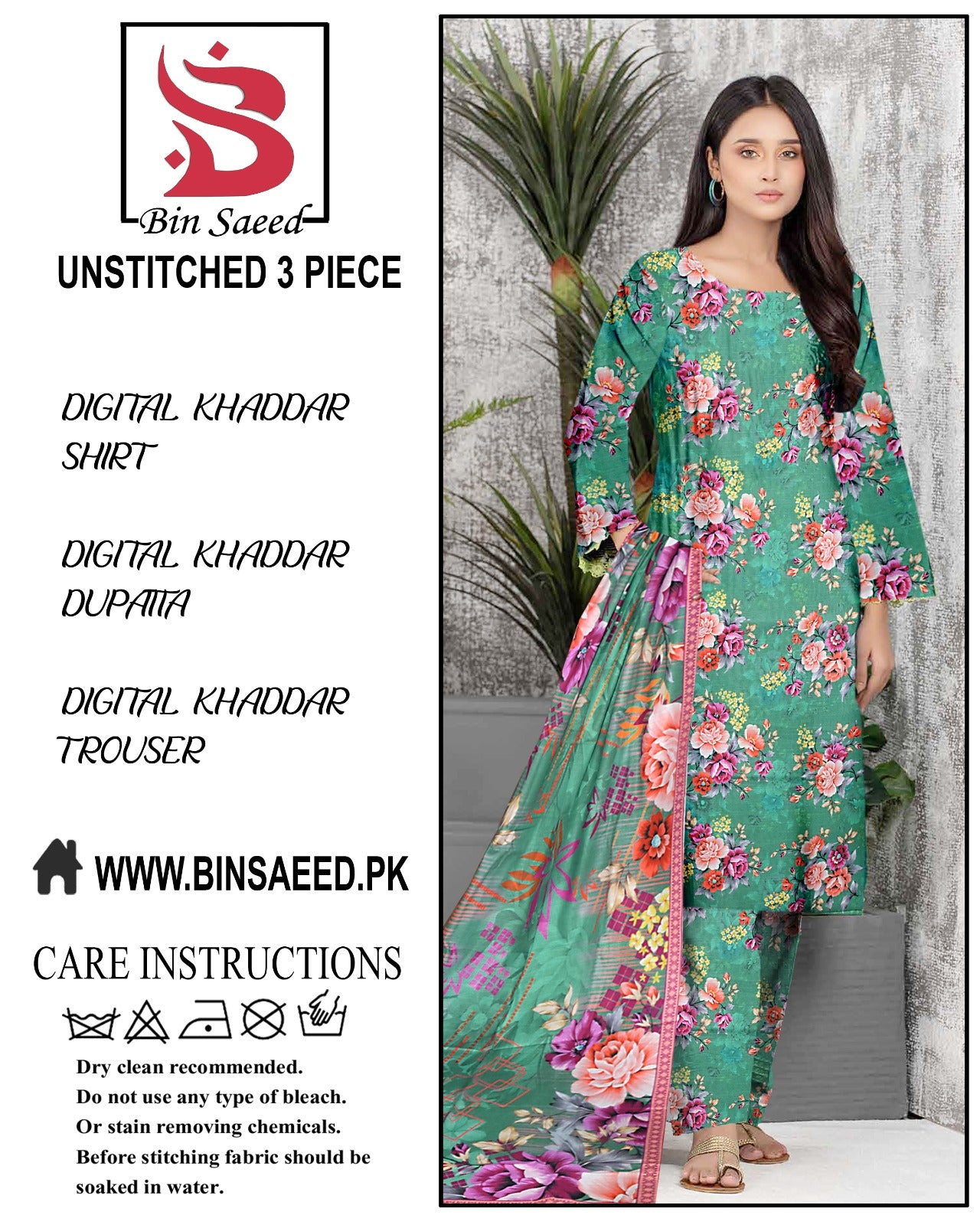 BinSaeed digital printed khaddar 3pece