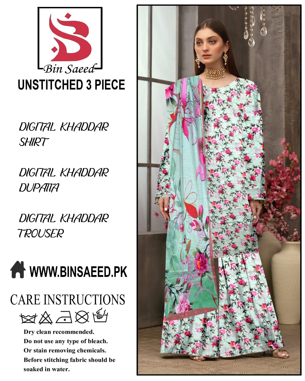 BinSaeed digital printed khaddar 3pece