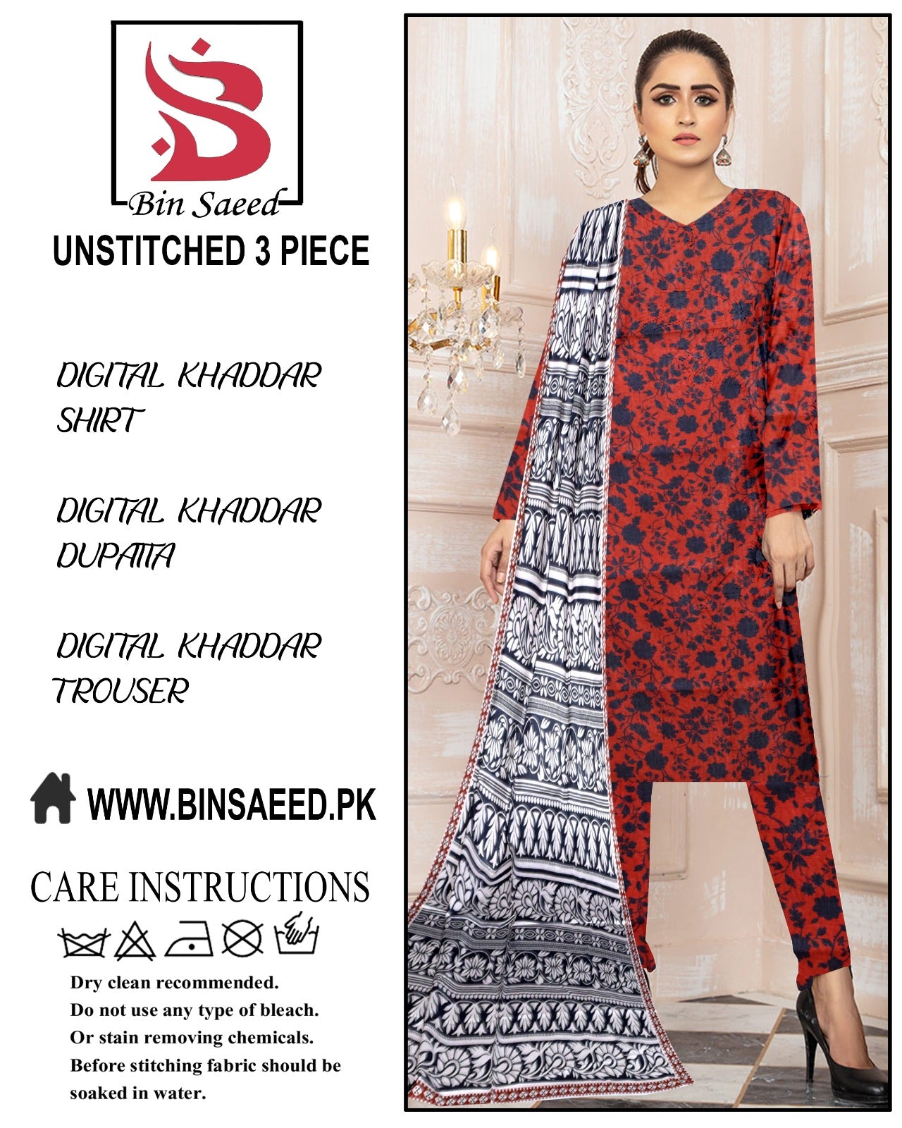 Binsaeed digital printed khaddar 3pece