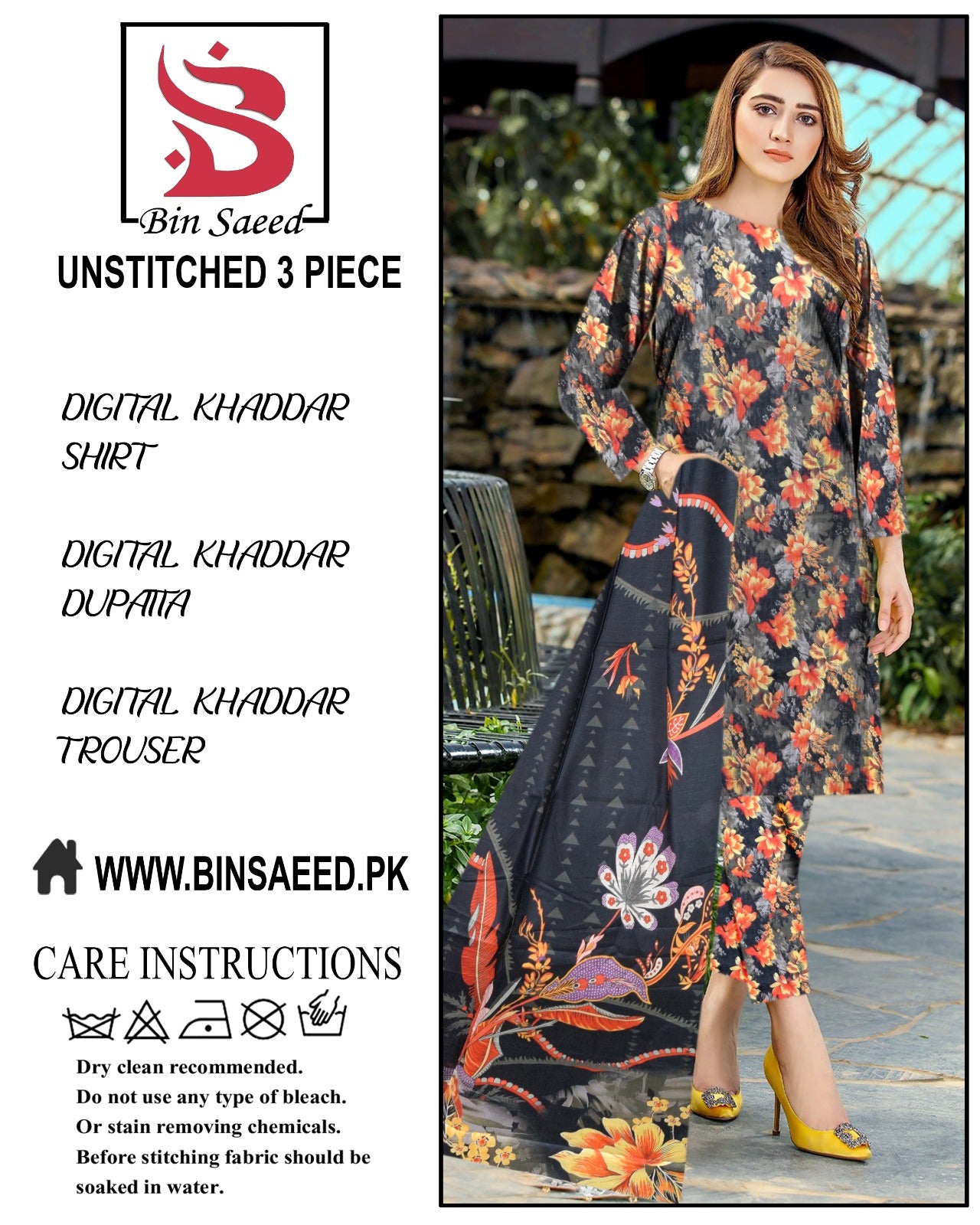 Binsaeed digital printed khaddar 3pece