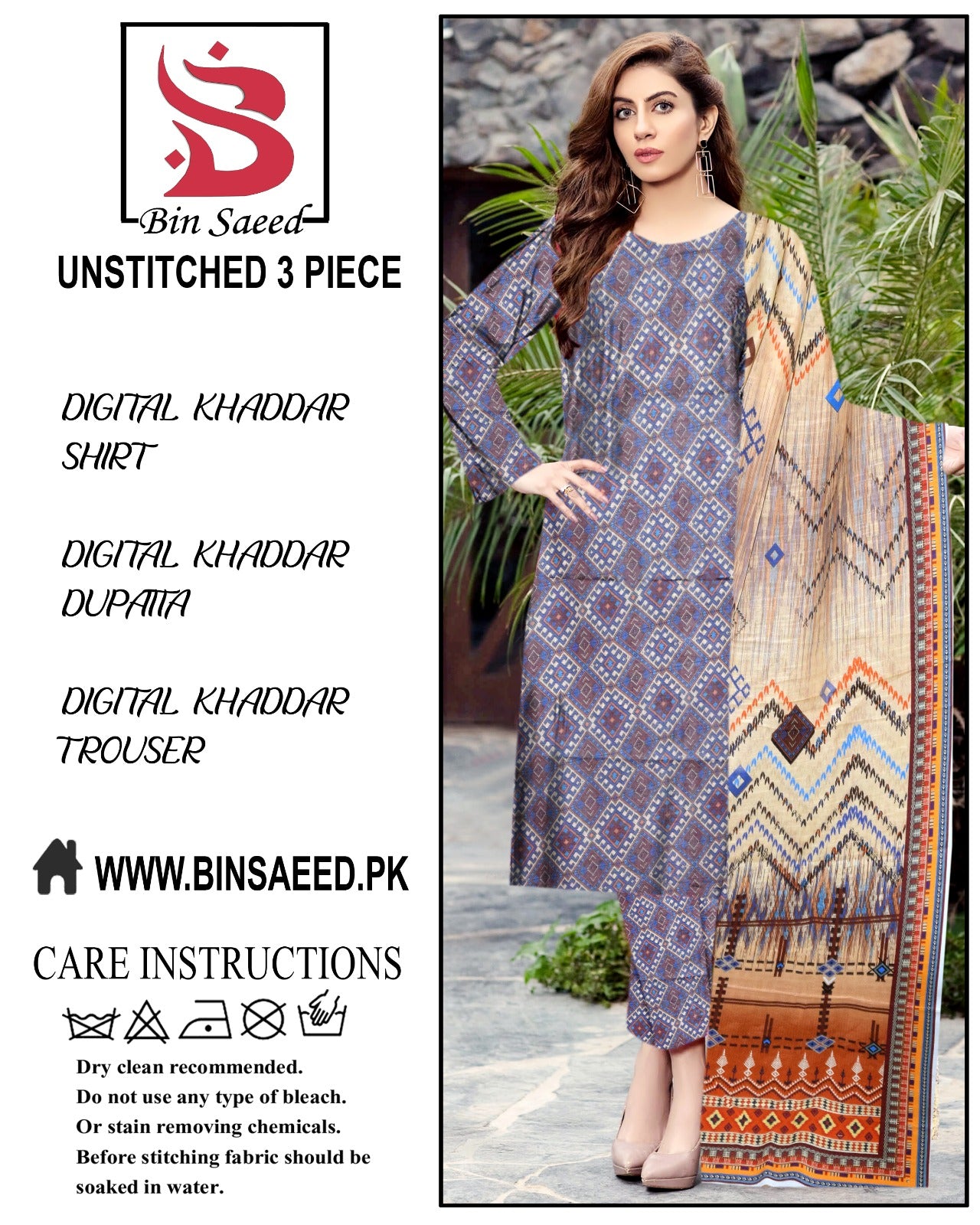 Binsaeed digital printed khaddar 3pece